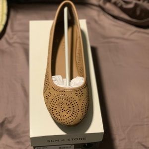 Sun & Stone Tan and Black Flats, new and never worn in original box